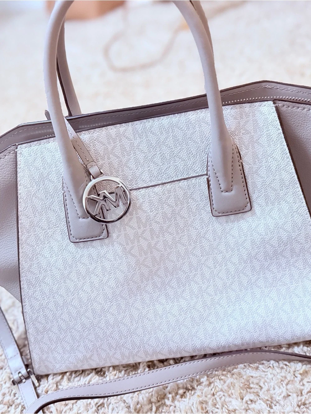 Michael Kors White & Taupe MK Logo Satchel